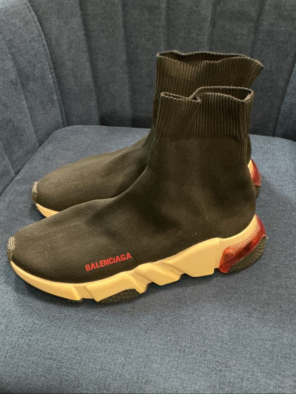 Balenciaga Black Sock Sneaker with Tan Midsole and Red Heel